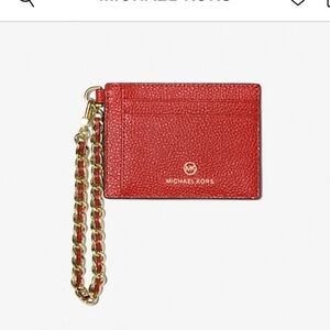 Michael Kors Leather Card Case Red Gold Chain Wristlet NWT